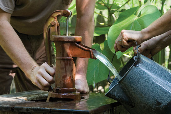 An old-fashioned hand pump makes well water accessible even during a power outage. Meanwhile, it's handy for gardening.